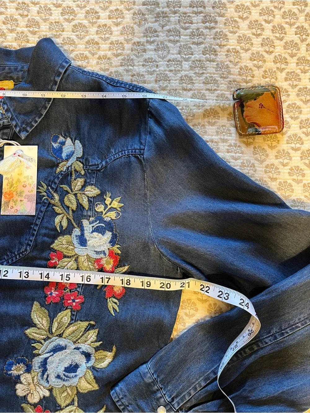 Johnny Was Hannah Denim Shirt with Multicolor Floral Embroidery - Blue - Picture 9 of 12